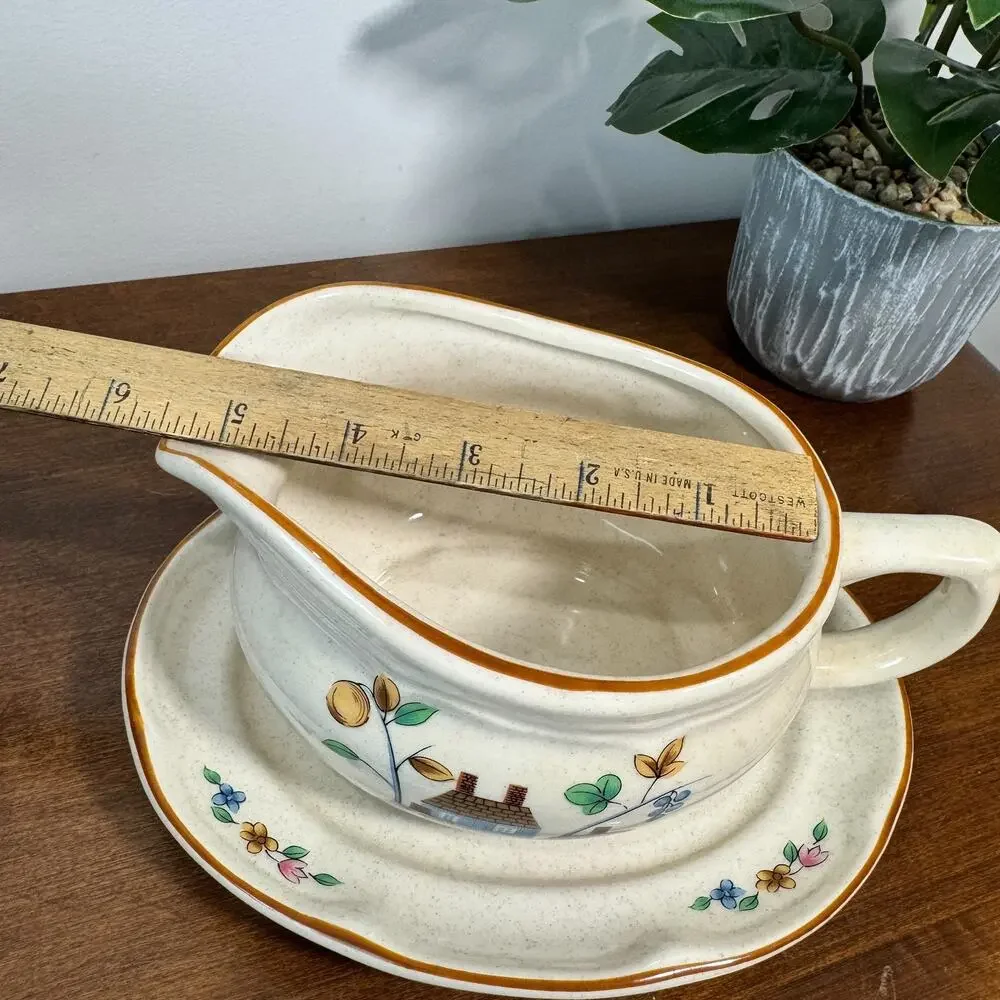 Vintage International China Heartland Gravy Boat and Saucer Stoneware Farmhouse